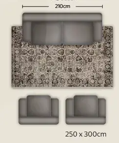 Rug size 250x300cm for two armchairs.