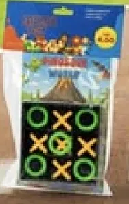 A fun tic-tac-toe game for kids featuring colorful pieces and a volcano theme.