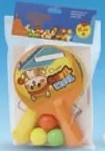 A fun and colorful toy set for children, including a paddle and balls for outdoor play.
