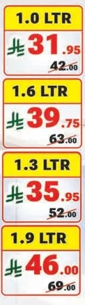 Bottled water available in various sizes.