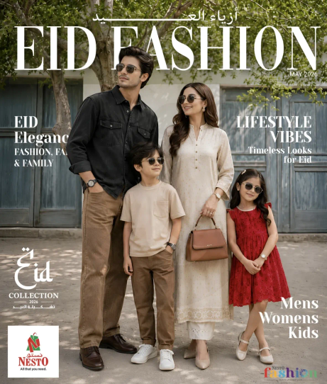 Eid Fashion Collection featuring elegant styles for men, women, and kids.