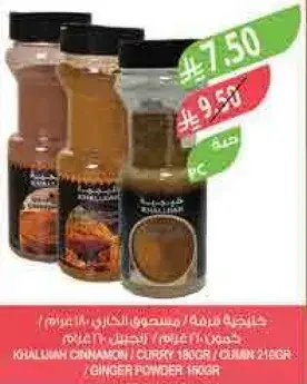 مجموعه من التوابل تشمل القرفه الخلالميه، الكاري، الكمون، ومسحوق الزنجبيل.