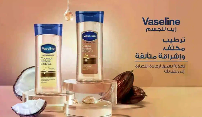 Vaseline body oil for moisturizing and enhancing skin radiance.