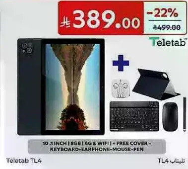 Teletab TL4 - 10.1 inch, 8GB, 4G & WiFi, includes free cover, keyboard, earphone, mouse, and pen.