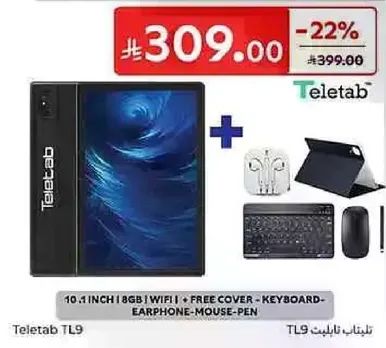 Teletab TL9 with 10.1 inch screen, 8GB storage, WiFi, and includes free cover, keyboard, earphone, and mouse.