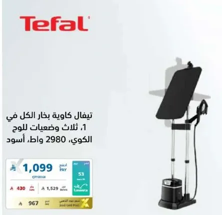 Tefal garment steamer with three settings for fabric types.