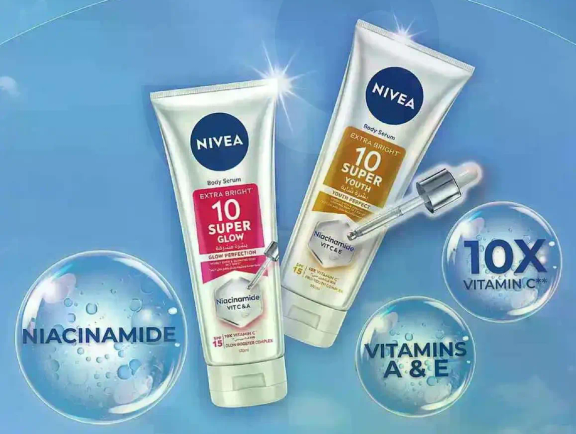 NIVEA Extra Bright Body Serum with Niacinamide and Vitamins A & E for skin glow and youth.