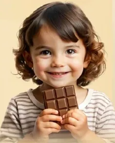 A happy child holding a chocolate bar.