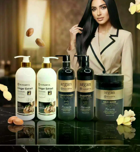 Kanarya Argan Hair Care Set with Ginger Extract, including shampoo, conditioner, and hair mask.