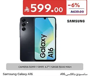 Samsung Galaxy A16, 50MP camera, 128GB storage, 5000mAh battery.