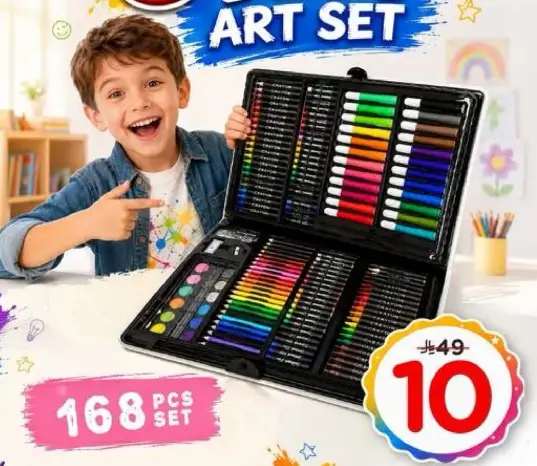 168 pieces art set for kids, includes various art supplies.
