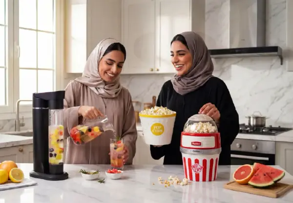 امراتان تستمتعان بالفشار والمشروبات.