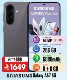 Samsung Galaxy A57 5G with 50 MP camera, 256 GB memory, 5000mAh battery.