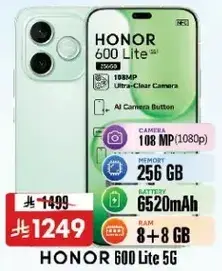 هاتف HONOR 600 Lite 5G بكاميرا 108 ميجابكسل، ذاكره 256 جيجابايت، بطاريه 6520 مللي امبير.