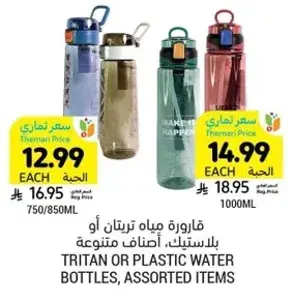 Tritan or plastic water bottles, assorted.