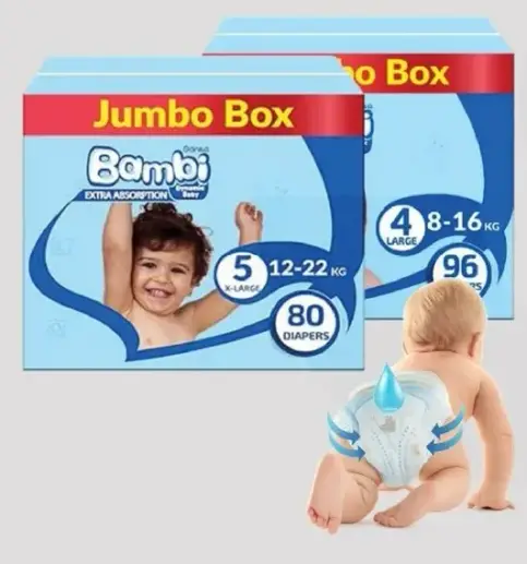 Bambi Diapers Jumbo Box, 80 count.