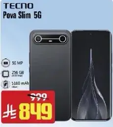 Tecno Pova Slim 5G smartphone with 50 MP camera and 256 GB storage.