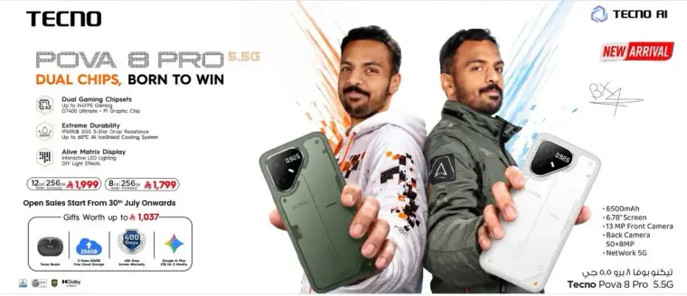 Tecno Pova 8 Pro, 256GB storage, 6500mAh battery.