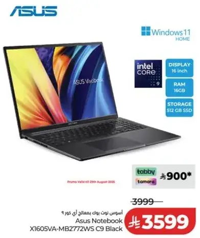 Asus Notebook X1605VA-MB2772WS C9 Black with 16GB RAM and 512GB Storage.