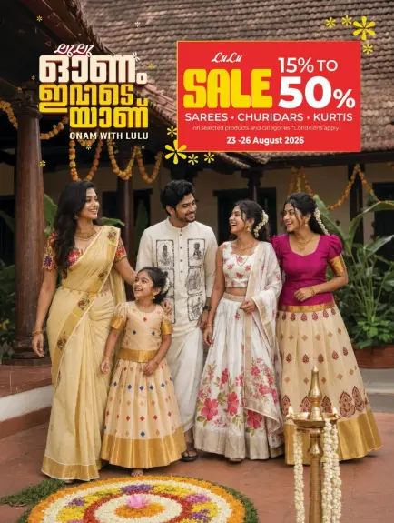 Sarees, churidars, and kurtis on sale for Onam.