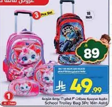 School Trolley Bag 3Pc 16 Inch Astd