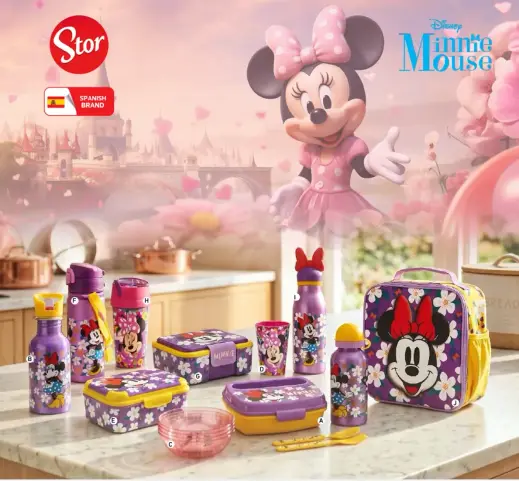 Minnie Mouse themed lunch set with bottles and containers.