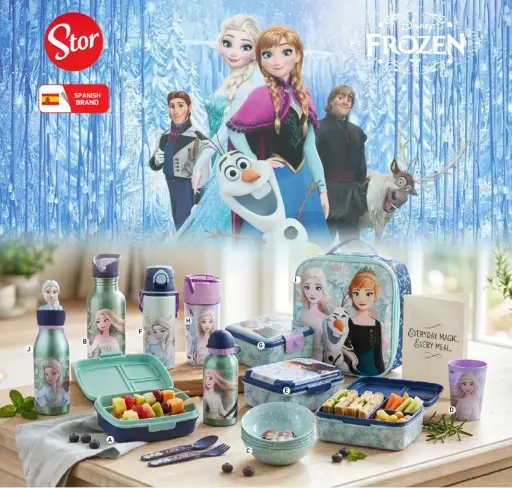 Frozen themed lunch set with bottles and containers.