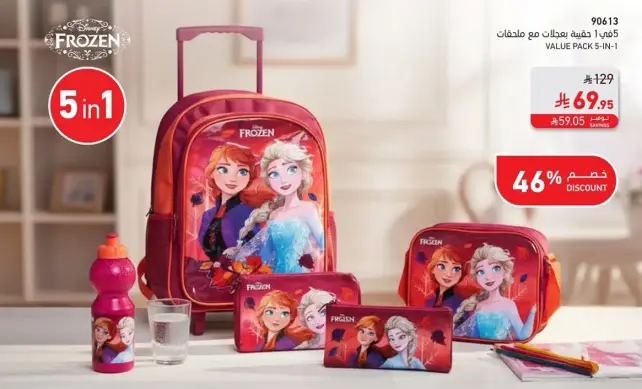 Frozen 5-in-1 backpack set with bottle and accessories.