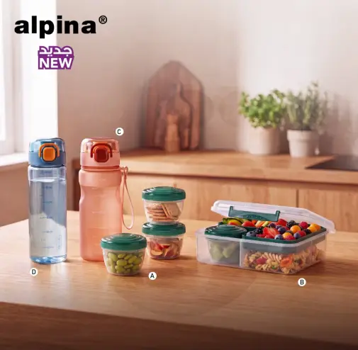 Alpina water bottles and food containers.