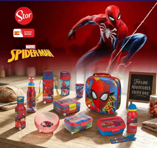 Spider-Man themed lunch set with bottles and containers.