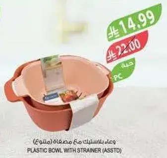 Plastic bowl with strainer.
