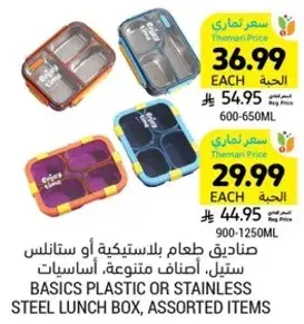 Basics plastic or stainless steel lunch box, assorted items.