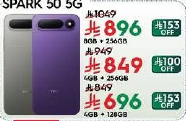 SPARK 50 5G with 8GB RAM and 256GB storage.
