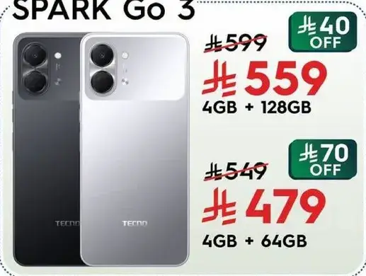 Tecno Spark Go 3 with 4GB RAM and 128GB storage.