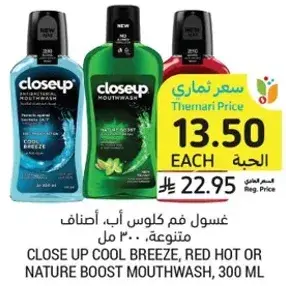 Close Up Cool Breeze, Red Hot or Nature Boost Mouthwash, 300 ml