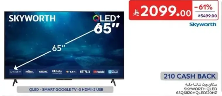 SKYWORTH QLED 65" Smart Google TV with 3 HDMI and 2 USB.